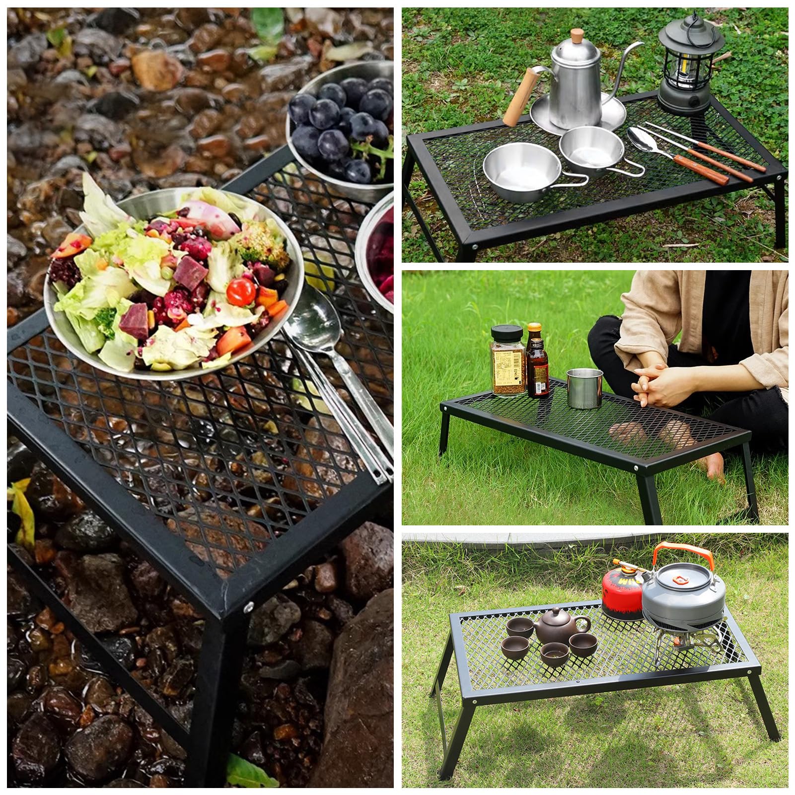 Griglia da Campeggio in Acciaio Resistente per Cottura a Fiamma Libera, Griglia da Cucina Portatile Pieghevole per Barbecue All'aperto, 55x30 Cm