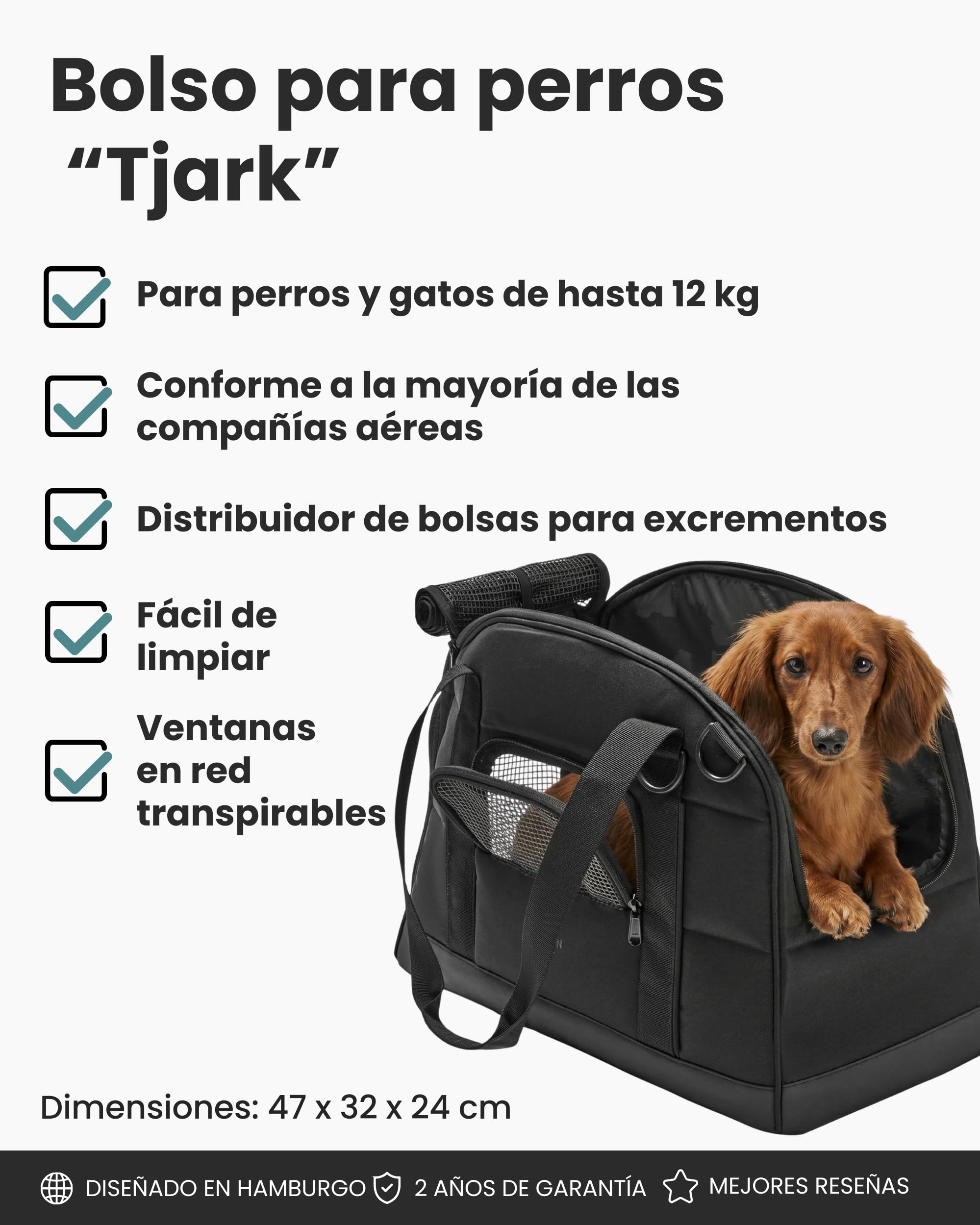 Larkson Transportín para Perros Pequeños de hasta 12 kg Negro - Tjark - Bolsa de Transporte para Perros y Gatos en Avión - Cumple con los Estándares de la Mayoría de Las Aerolíneas