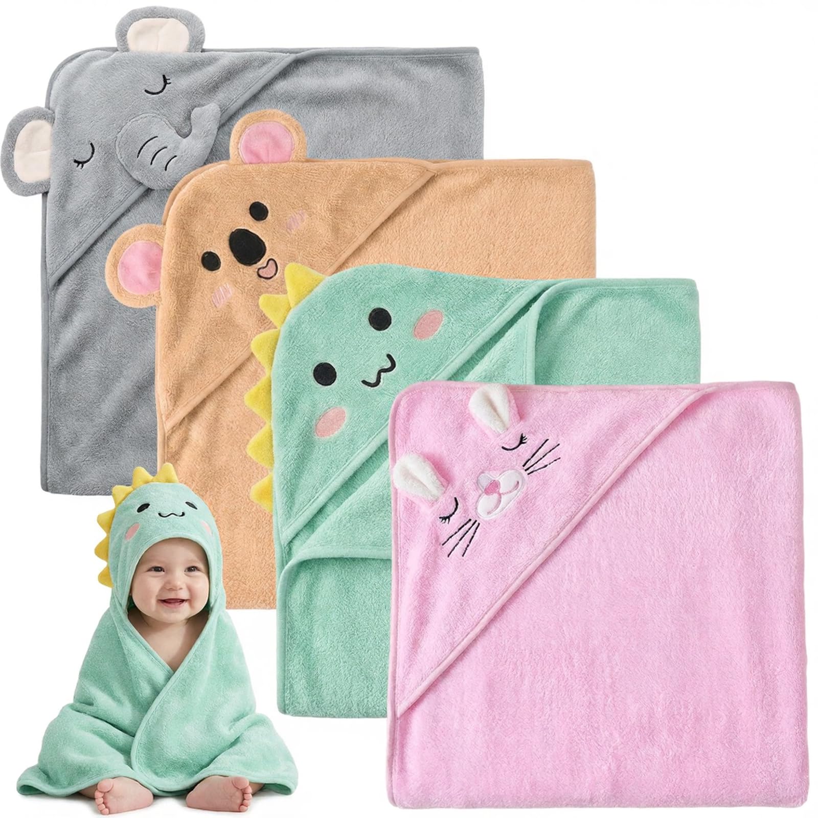 4 Pack Hooded Baby Towel - 80x80CM Soft Bath Towel with 4 Square Scarvesfor Bathtub Ultra Absorbent Baby Bath Towels Natural Baby Stuff Towel for Babie Infant Newborn Boy Girl(Green Pink Gray Camel)