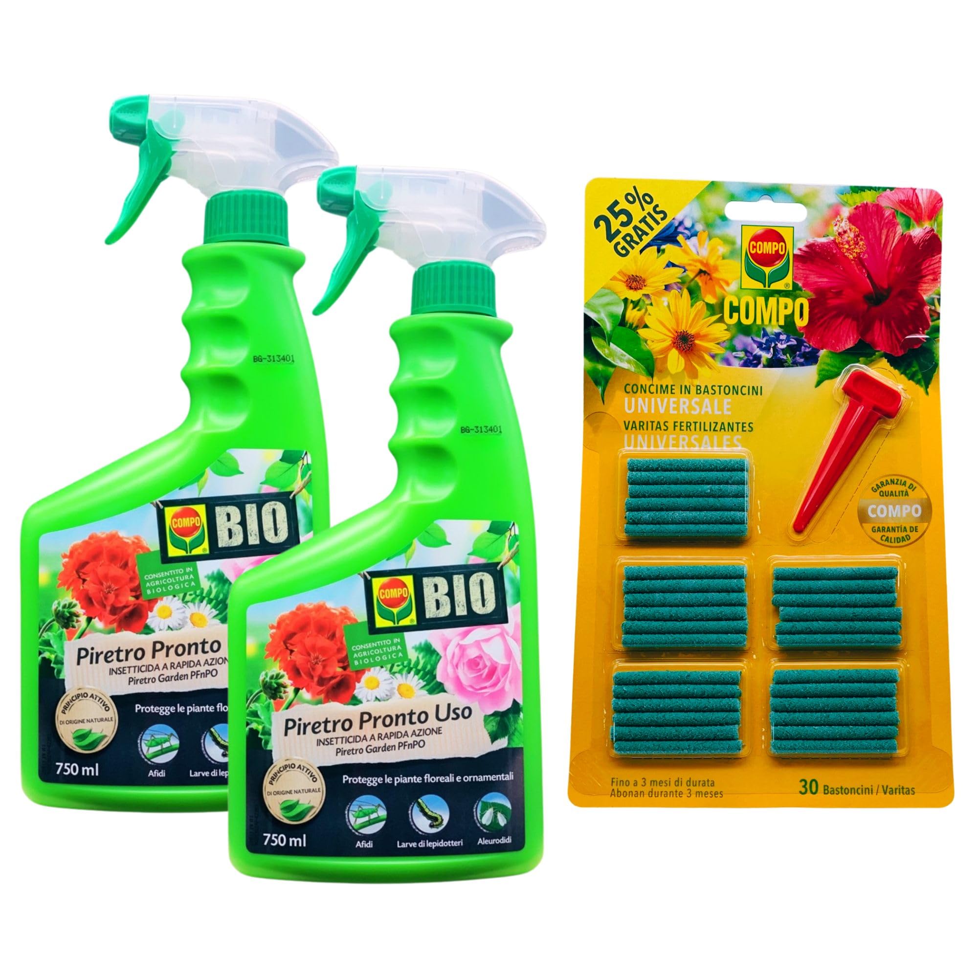 SET: 2xDetergente Spray Insetticida a Rapida Azione, PIRETRO PRONTO USO. Protegge Le Piante Floreali e Ornamentali, Di Origine Naturale 750ml + Concime In Bastoncini UNIVERSALE