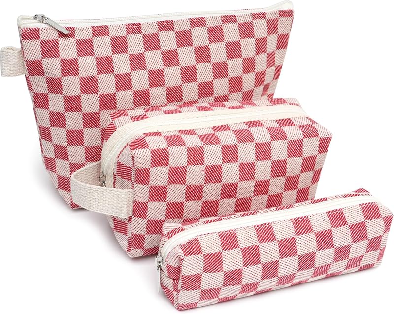 Beayuva Conjunto com 3 Necessaires de Algodão Xadrez Vermelho com Zíper