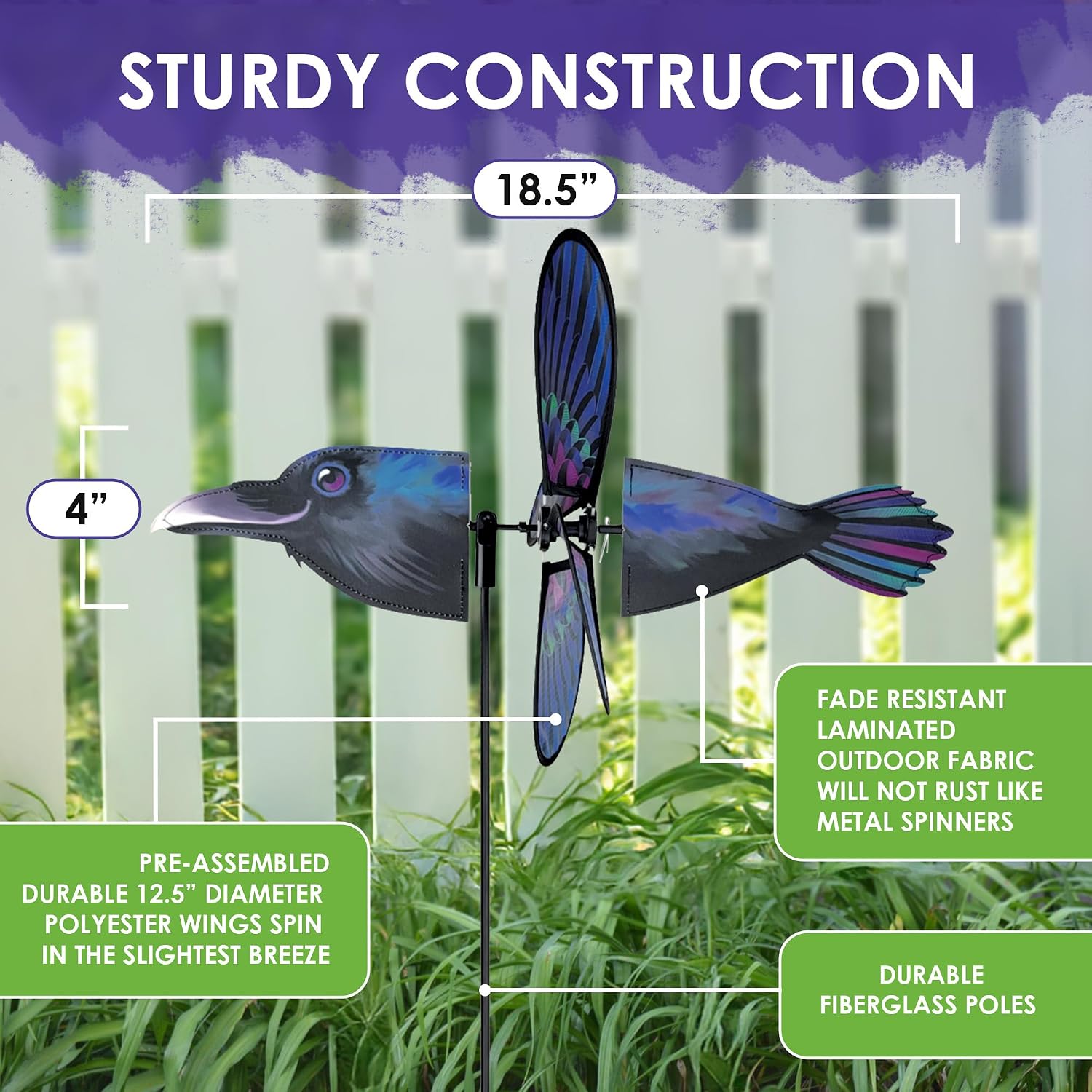Premier Kites Petite Spinner Raven – Whimsical Wind Spinner for Yard & Garden, Durable Weather-Resistant Fabric, Easy to Assemble, Outdoor Decor for Patios, Lawns, & Fairy Lovers