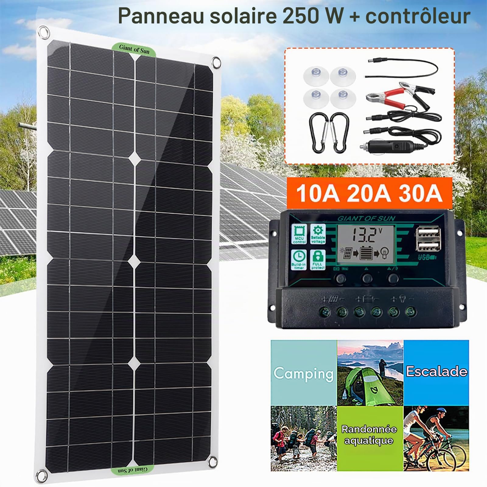 Panneau Solaire Monocristallin Portable 250 W 500 W avec Contrôleur 10 A/20 A/30 A, Double USB, Peut être Utilisé pour Le Chargement De Batterie 12 V/24 V,250W-30Acontroller