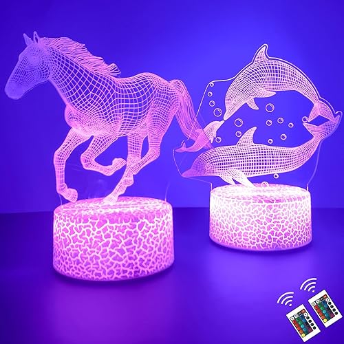 Miniatura 1 de Luz nocturna para niños, 2 lámparas de ilusión óptica 3D con patrones de caballos y delfines, lámpara recargable USB con 16 colores cambiantes,
