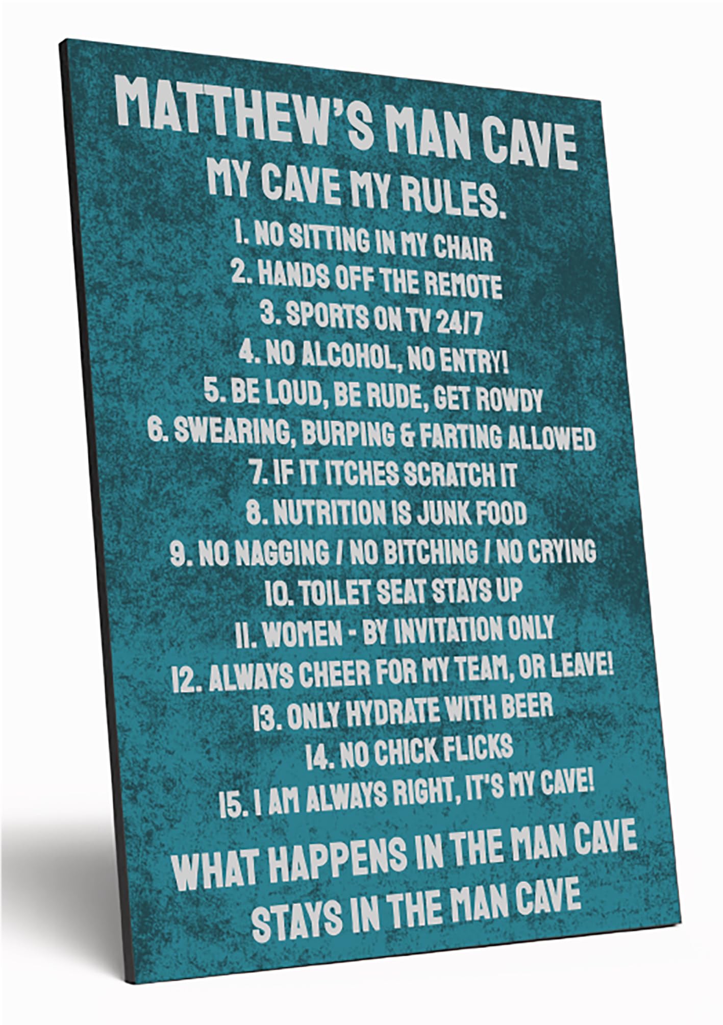 The Plum Penguin Men's Grunge-Y Teal Personalised Man Cave Sign Wooden Funny A4 Wood Wall Art For Dad Grandad Uncle My Cave, My Rules Mdf Custom Plaque (Grunge-Y Teal)