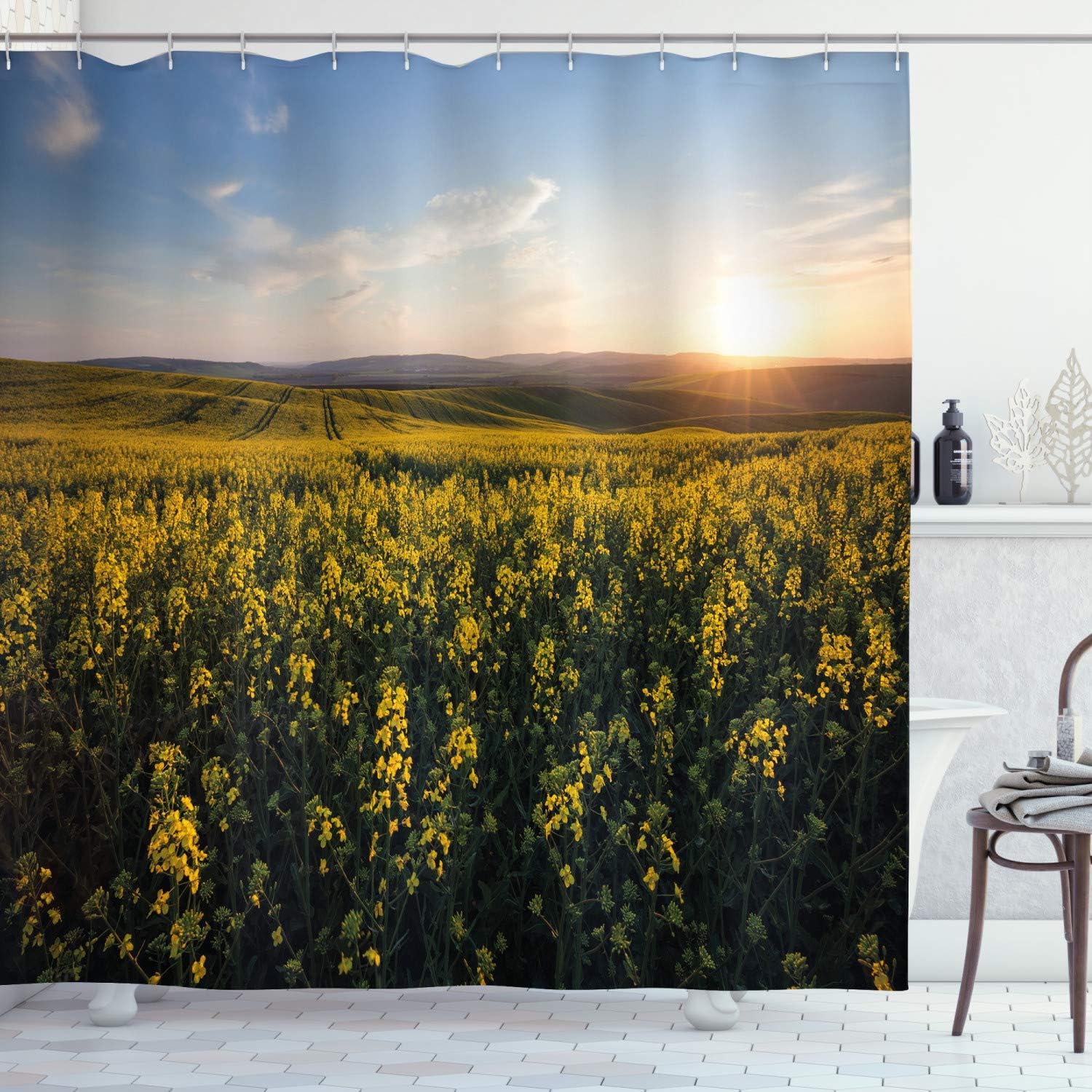 Ambesonne Landscape Shower Curtain, Scenic View Sunset Flower Field Spring Countryside Rural Idyllic Scenery, Cloth Fabric Bathroom Decor Set with Hooks, 69" W x 75" L, Yellow Green Blue