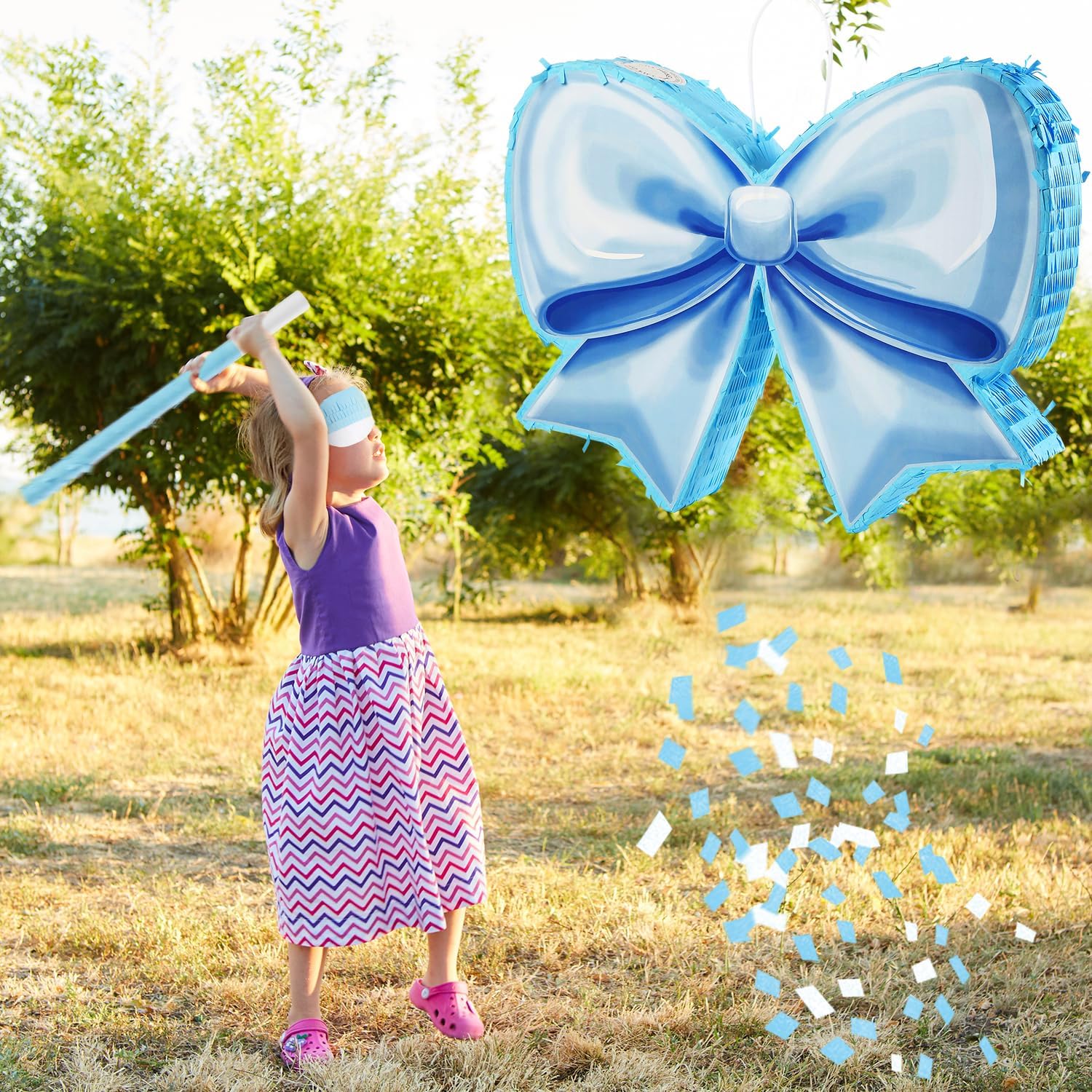 Bow Piñata Birthday Party Decorative Bow Tie Piñata with Blindfold and Bat for Girls Kids Blue Bows Birthday Party Decorations Wedding (Small Size 16.5"x13"x3)