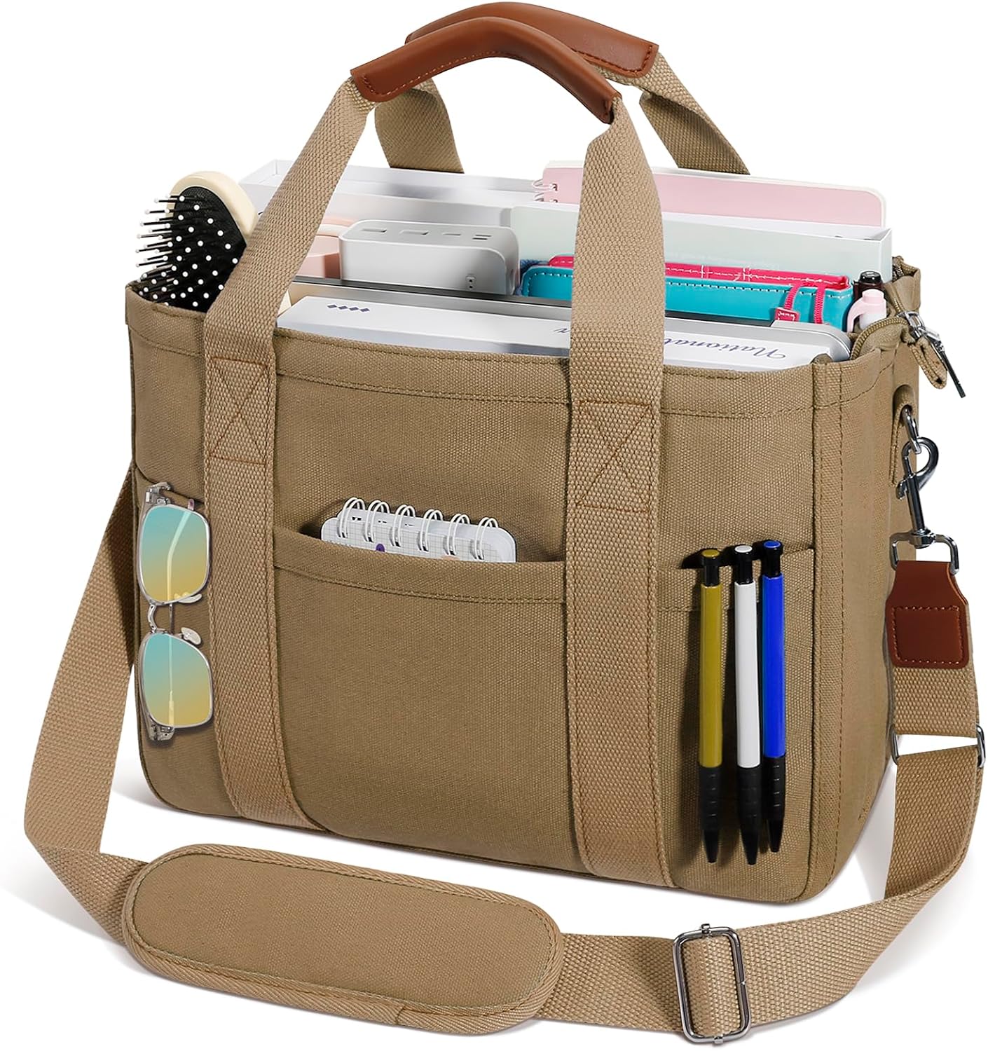 KKXIU Canvas Tote Bag for Women with Zipper and Compartments Crossbody Large Bible Messenger Purse Bag With Pockets