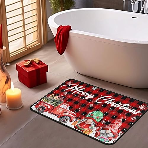 Miniatura 8 de Juego de 2 alfombras de cocina a cuadros de búfalo de Navidad con diseño de gnomos de camión rojo de Navidad, decoración de invierno para el hogar,