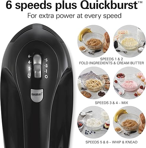 Miniatura 6 de Hamilton Beach Batidora de mano eléctrica de 6 velocidades con batidor, ganchos para masa y batidores fáciles de limpiar, potente motor de 275 W,