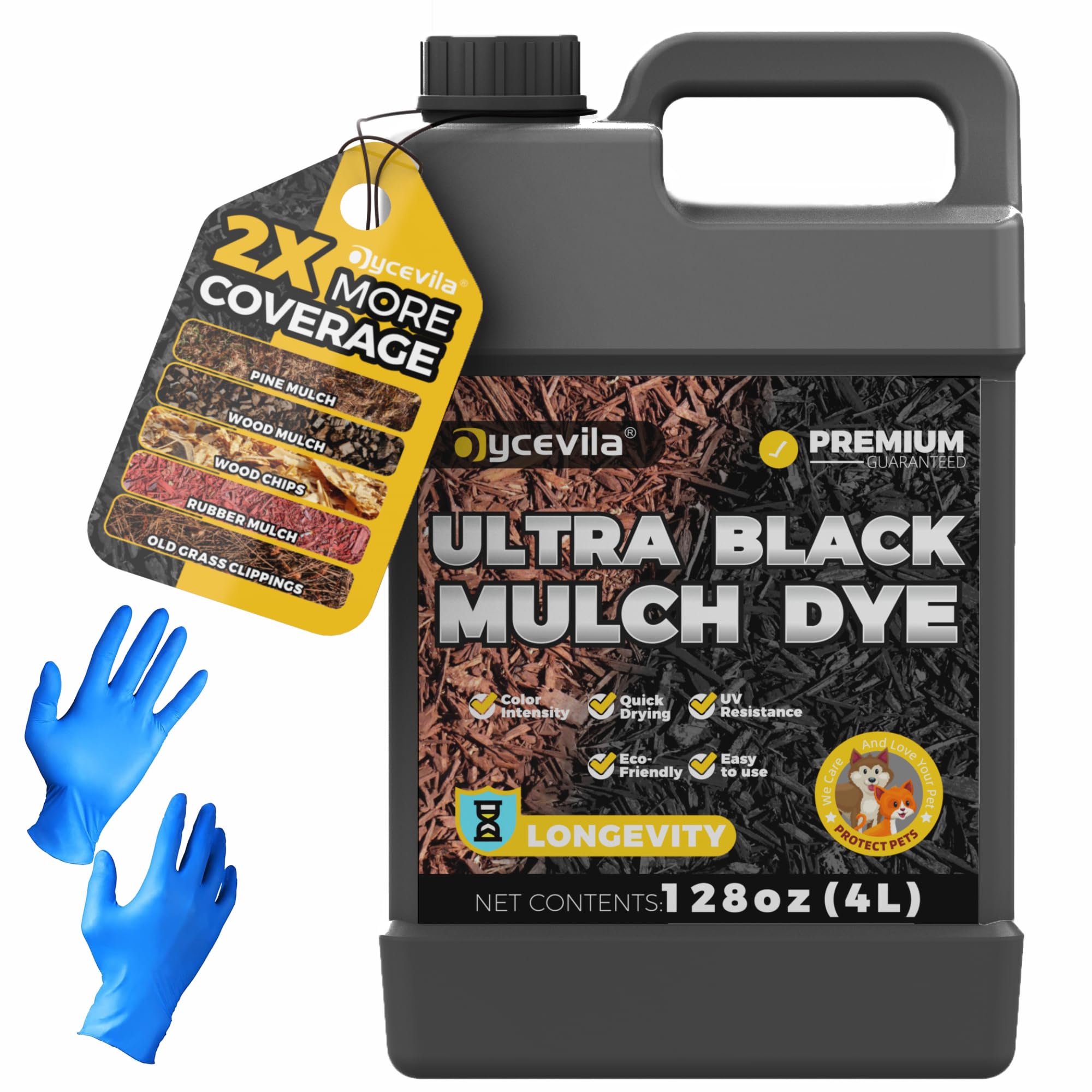 128oz Concentrated Ultra Black Mulch Dye with Gloves, Liquid Rubber Dye Spray Covers up to 14,400 Sq. Ft, Long-Lasting Finish Black Bark Paint for Mulch Restoration and Enhancement Landscaping