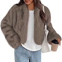 PRETTYGARDEN Women's Fluffy Cropped Faux Fur Jacket - Long Sleeve Open Front Shaggy Winter Coat Trendy Outerwear