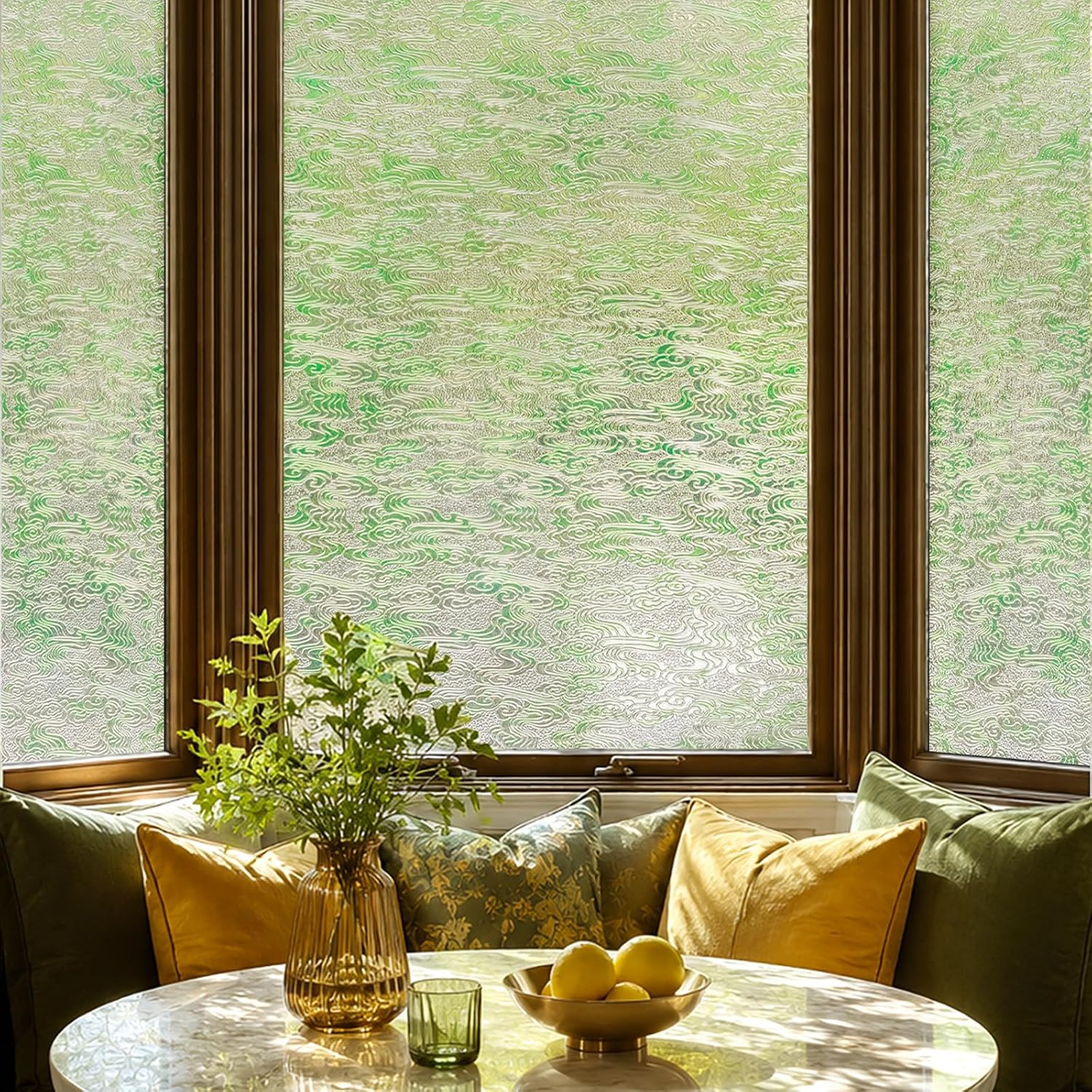 3D Stained Glass Window Film, Decorative Window Privacy Film for Bathroom,Front Door,Home, Sun Blocking Heat Control,Static Cling, Golden Ironwork 17.5inch x 47.24inch