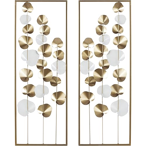 Deco 79 Metal Leaf Tall Cut-Out Wall Decor with Gold Frame, Set of 2 12"W, 34"H, Gold