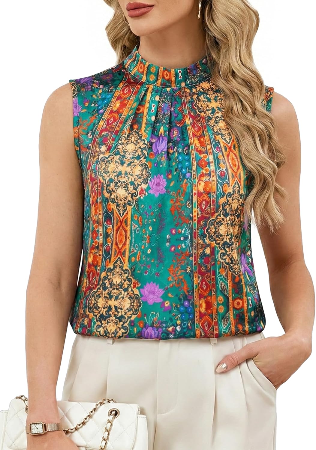 Funlingo Womens Satin Tank Tops Summer Sleeveless Mock Neck Dressy Blouses Pleated Work Shirts Business Casual Outfit