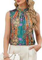Funlingo Women's Satin Sleeveless Tank Top Mock Neck Pleated Blouse - Summer Business Casual Work Shirt