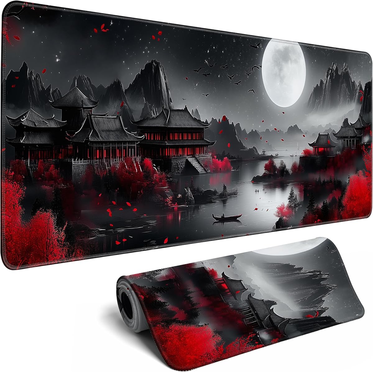 Alfombrilla de escritorio japonesa Riverside Full Moon, alfombrilla de ratón grande para juegos, alfombrilla de ratón extendida XL, alfombrilla para teclado, ordenador portátil, ratón, alfombrilla de escritorio, 31,5 x 11,8, decoración de escritorio