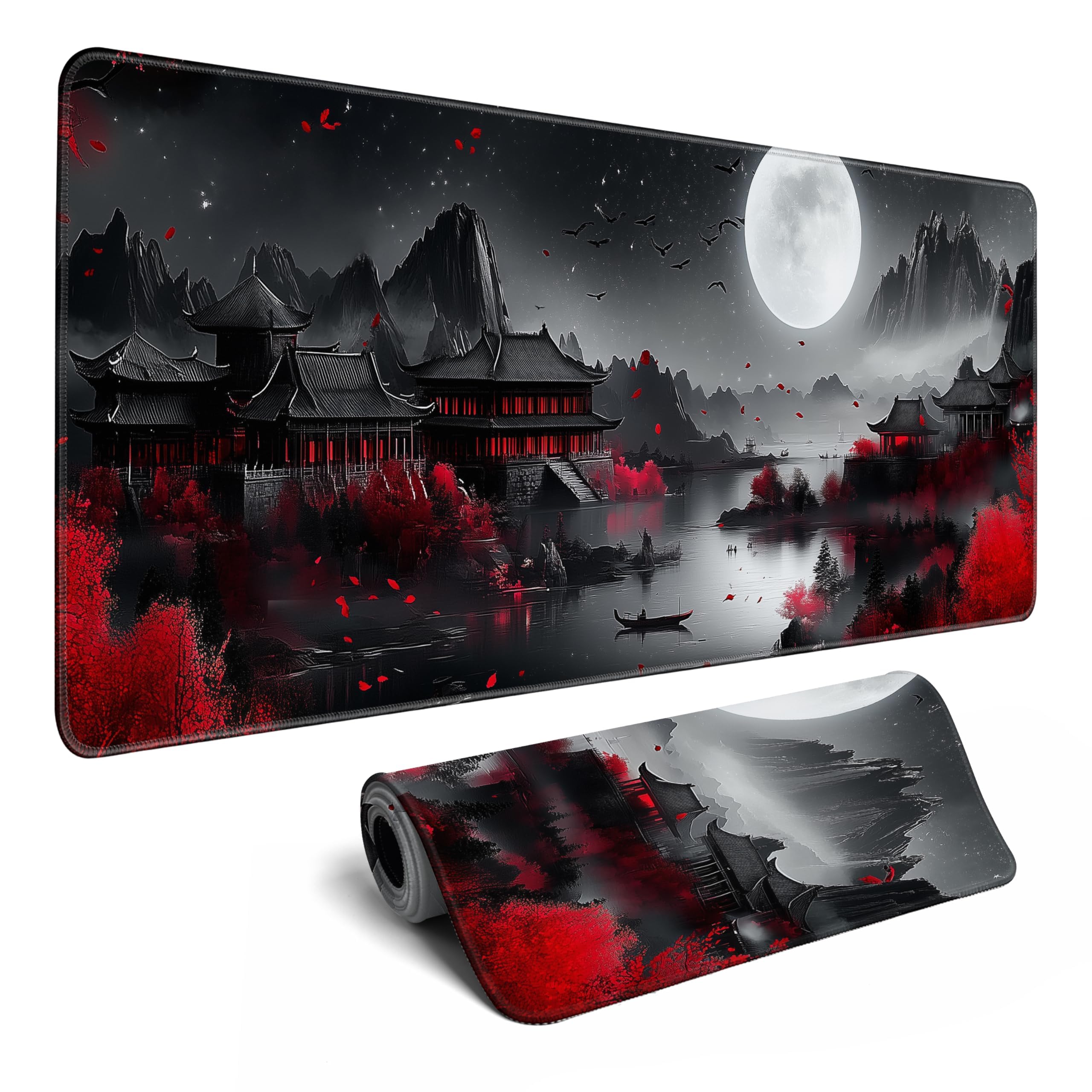 Japanese Desk Mat Riverside Full Moon Large Mouse Pad Gaming Mousepad Extended XL Keyboard Mat Computer Laptop Mouse Desktop Mat 31.5 X 11.8 Desk Decor