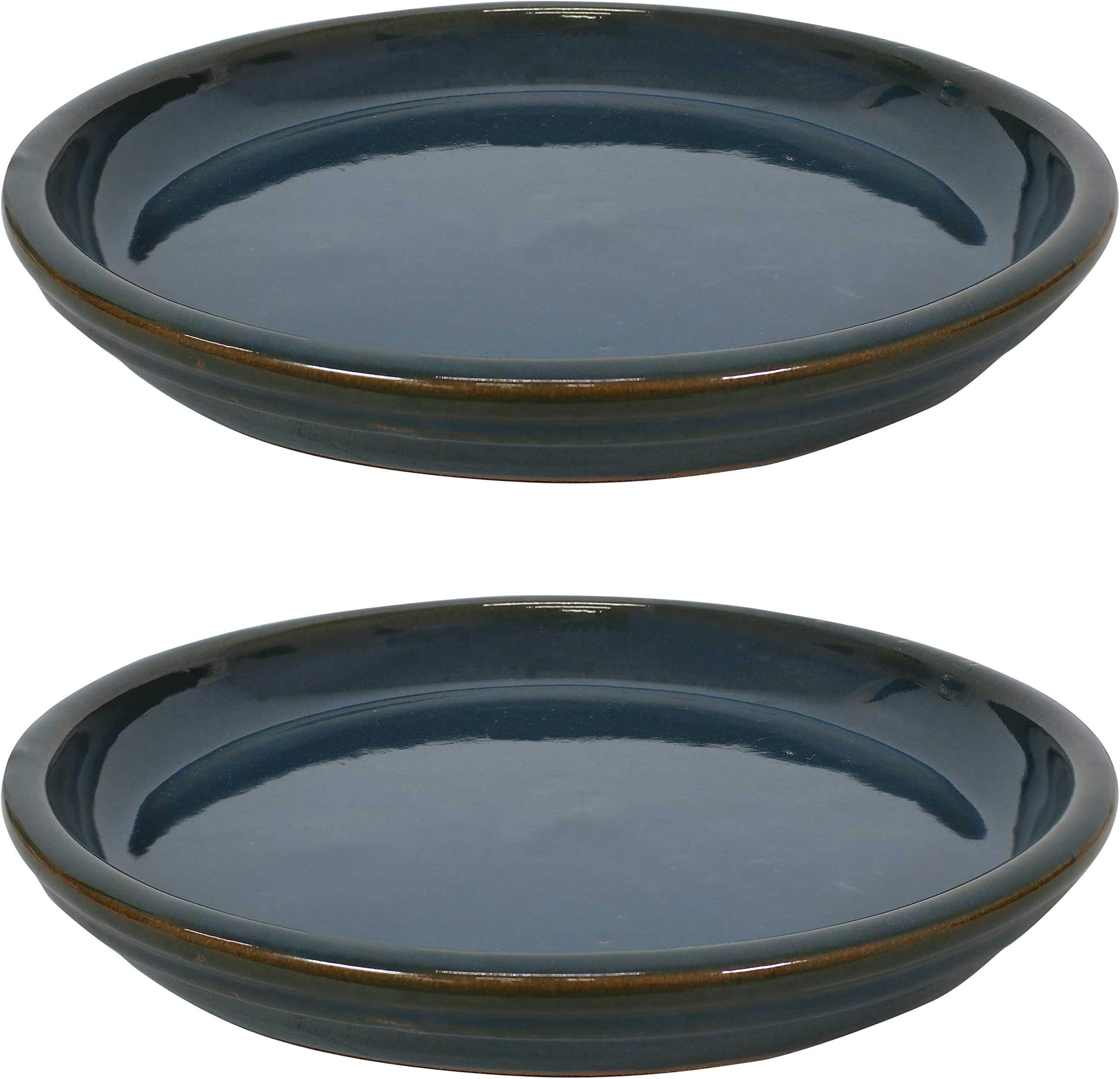 Sunnydaze Ceramic Outdoor Flower Pot Saucers Set of 2 - UV- and Frost-Resistant - Forest Lake Green - 12-Inch