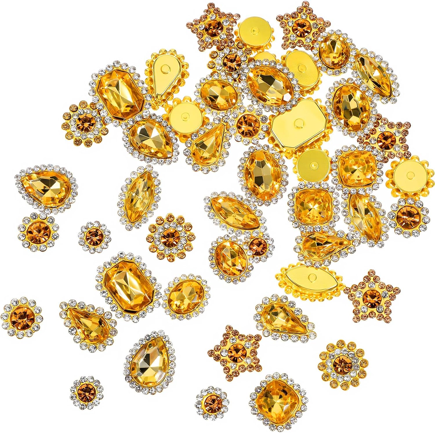 50 PCS Gold Sew on Rhinestones, Mixed Shapes Sew on Crystal Gems Mental Flatback with Gold Claw for Jewelry Crafts Clothes DIY Craft Shoes Dress Making