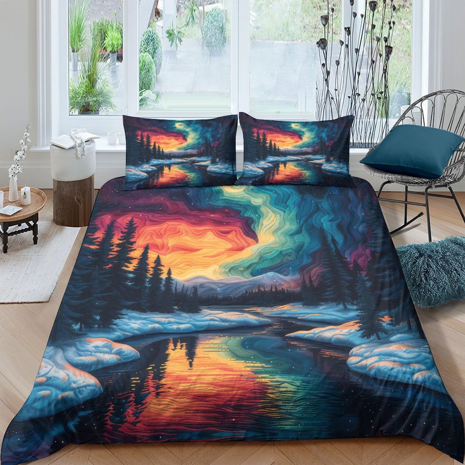 Ctjqhvkz Style-2 3D Printed Northern Lights Landscape Fitted Sheet Microfiber Soft Breathable Aurora River Mattress Cover For Bedroom Home Decor Single（135X200cm）