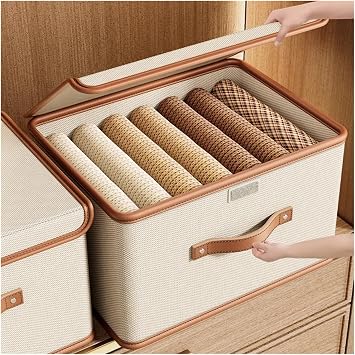 Clothes Storage bag Large Capacity Foldable Quilt Clothes Storage Bag Dust-Proof Sweater Blanket Organizer Box With Handle Storage Bins(Beige 37x27x26cm)