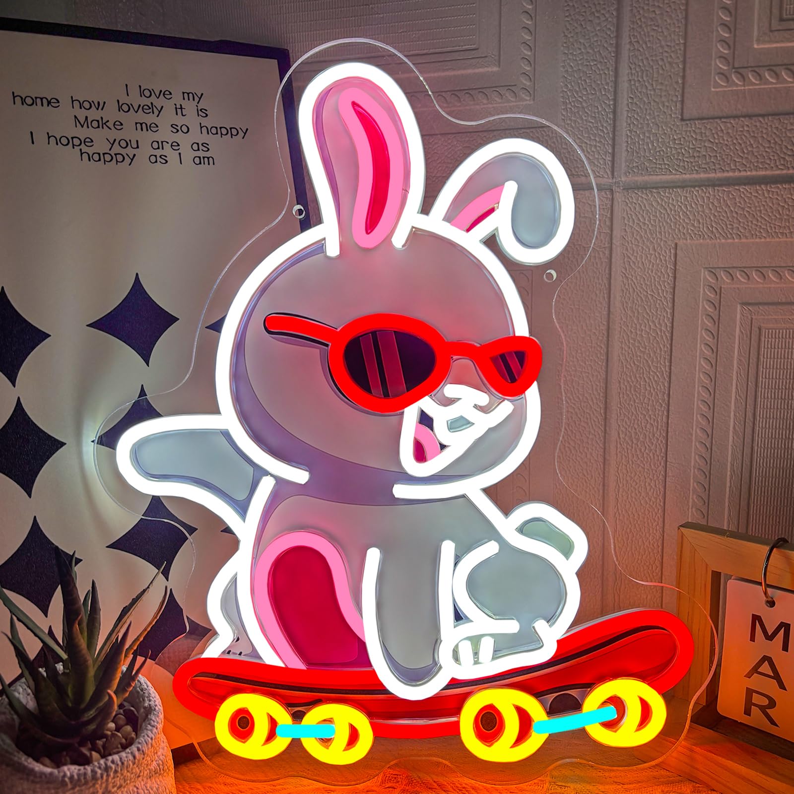 Cool Rabbit Skateboard Neon Sign, Cute Cartoon Bunny with Sunglasses LED Neon Light, Dimmable USB Powered Wall Decor for Kids Bedroom Game Room Party Bar Man Cave Aesthetic Art Decoration