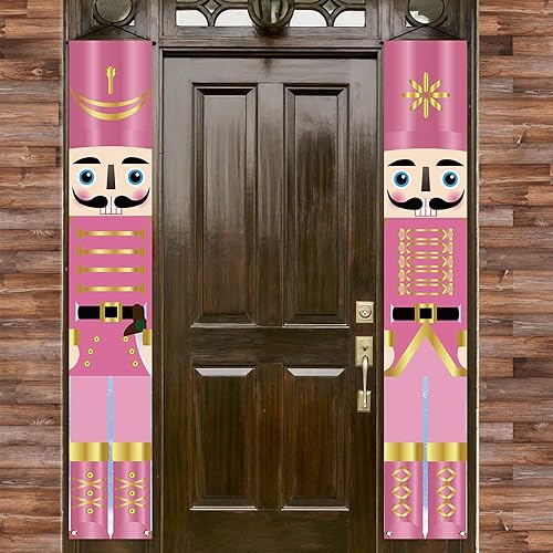 Miniatura 6 de Nepnuser Cartel rosa de cascanueces para porche, decoraciones de Navidad rosadas, suministros de fiesta de invierno para puerta delantera, letrero