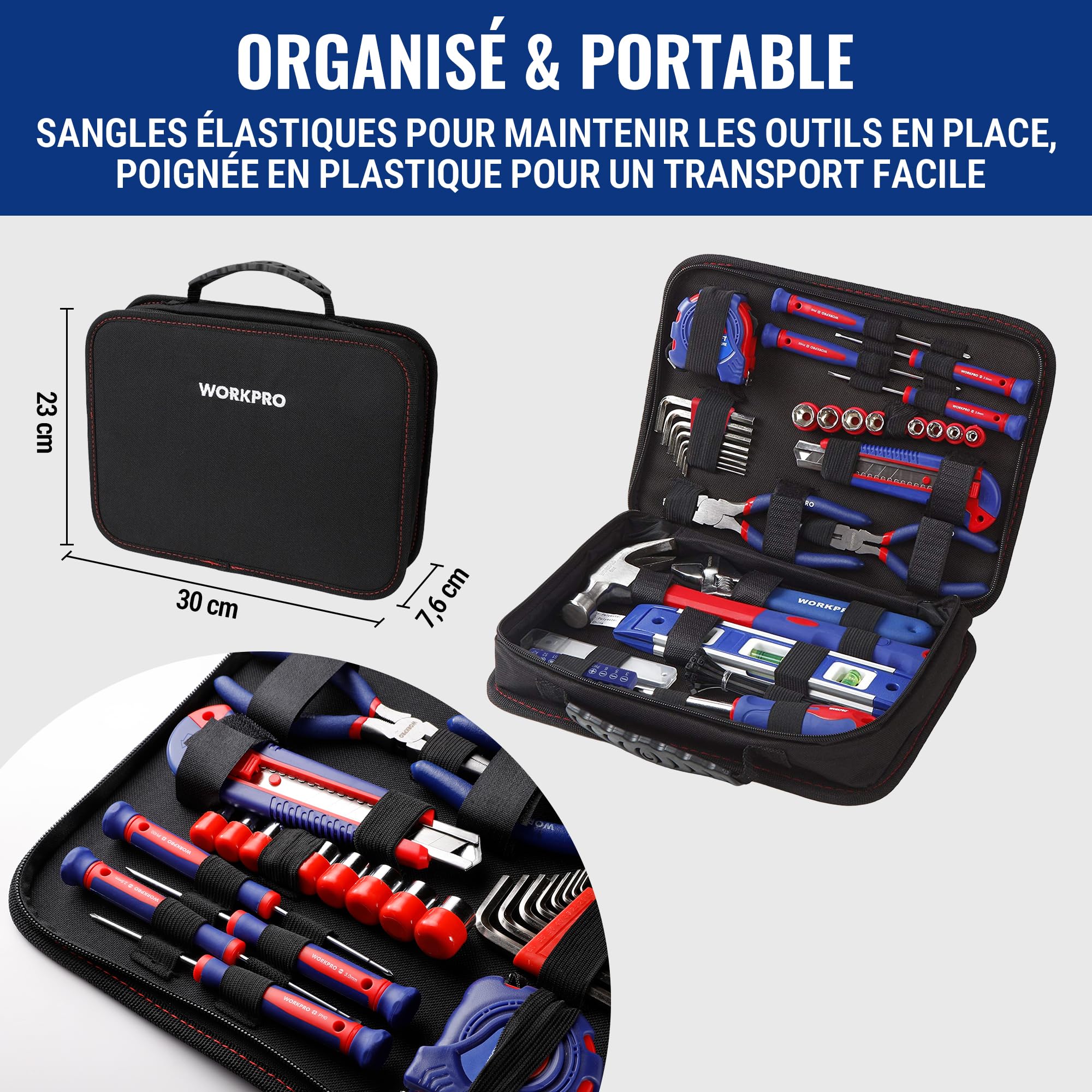 WORKPRO Kit d'Outils avec Sac de Rangement | pour Usage Domestique ou du Travail 100 Pièces en Acier au carbone et Cr-V, Bleu Rouge Noir