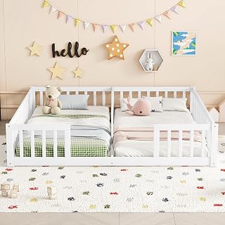 Double Twin Size Montessori Floor Toddler Bed with Fence and Guardrails, Low Platform Toddler Bed for Girls,Boys, No-Door Design, Pine Wood Twin Sleeping Solution for Shared Bedroom,White