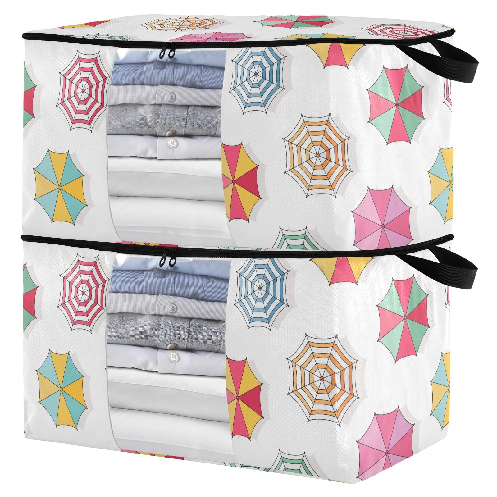 susiyo 2 Pack Clothes Storage Bag Retro Style Beach Umbrella Foldable Blanket Clothing Storage Bags Storage Containers for Organizing Clothing, Comforter, Bedding, 60L Fabric Clear Window Storage Bins