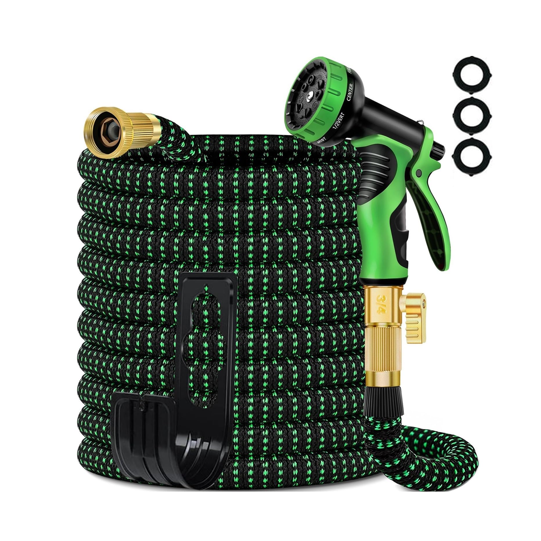 Manguera de jardín ligera extensible Boquilla for manguera de jardín expandible con conector for manguera de latón macizo de 3/4"(Green)