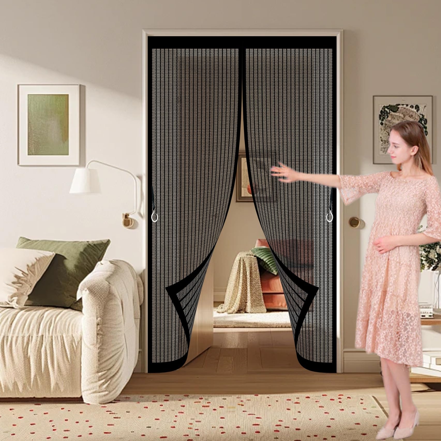 Xueqxue Black Fly Nets For Doors 126 X 156 Cm With Powerful Magnets & Full Frame Magic Tape, Keep Bugs Out & Lets Fresh Air In Mosquito Double Door For Patio Doors Balcony,