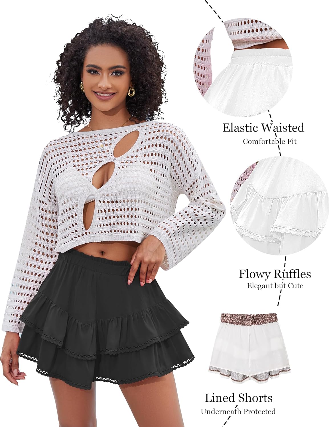 LOMON Flowy Skorts for Women Ruffle Tiered Skorts Casual High Waist Mini Skirts Golf Crochet Shorts - Image 3