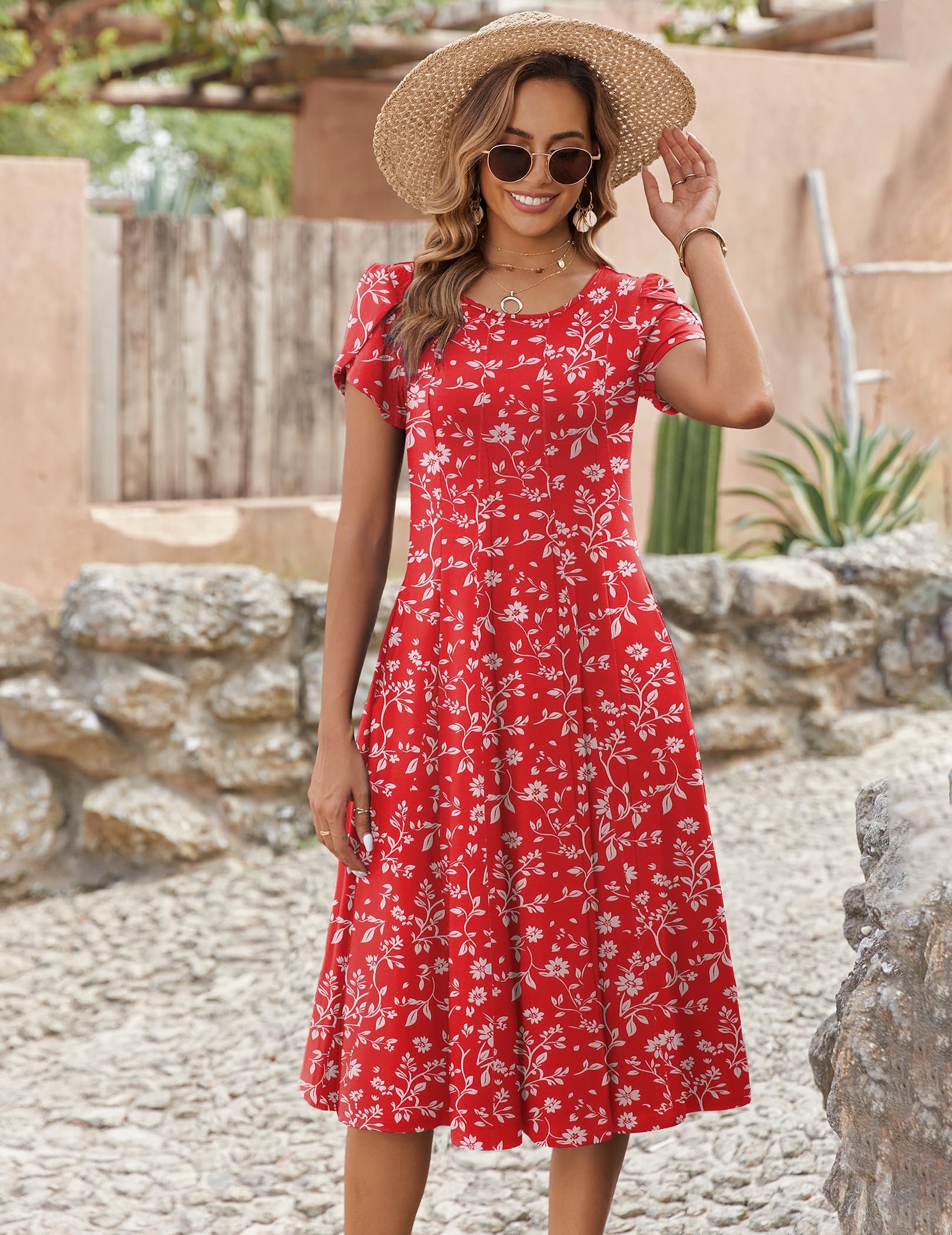 Zeagoo Robe Femme Estivale Casual Manches Courtes avec Poches A‑Line Robe Midi Légère Élégante pour Printemps Été S-XXL