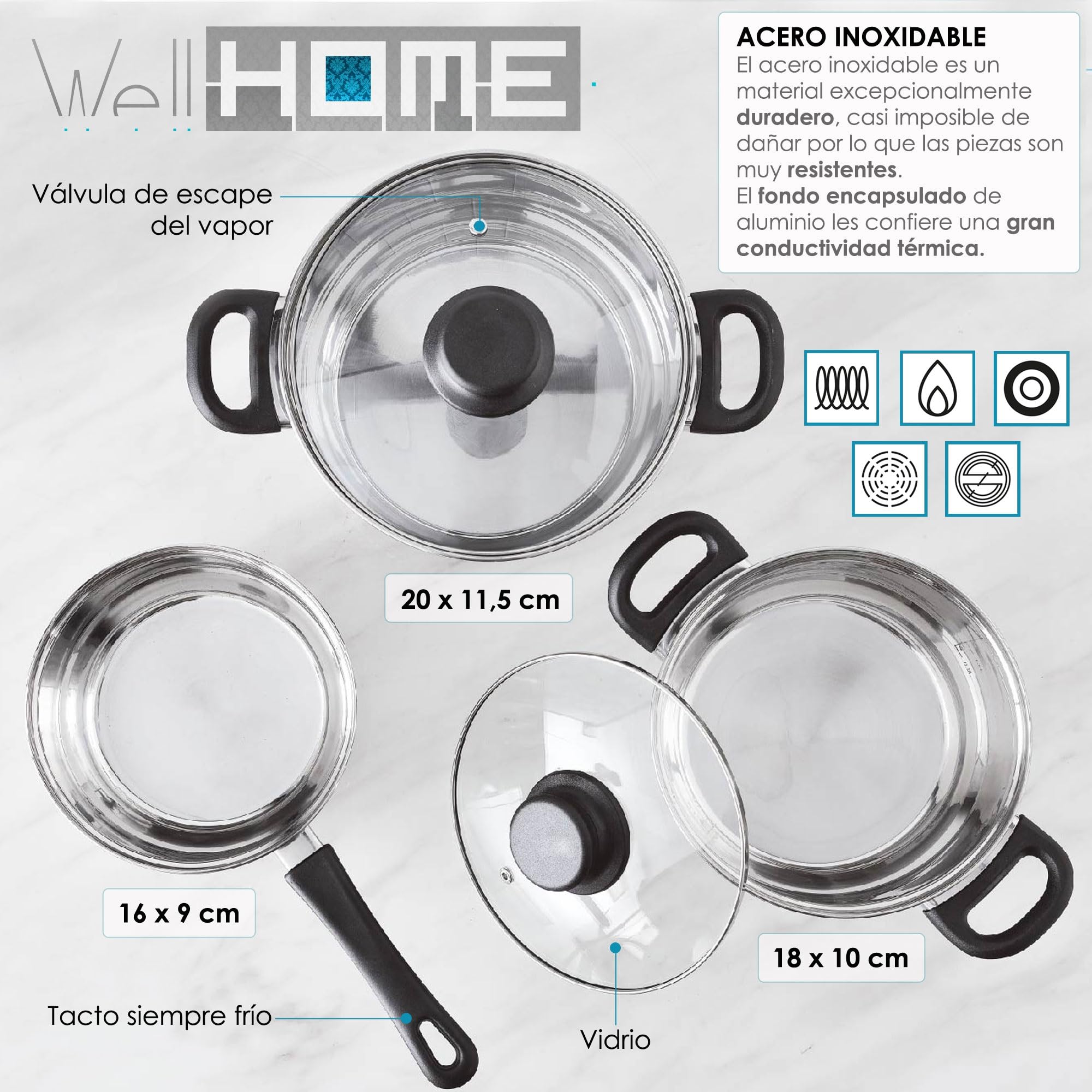 Well Home Set de Batería de cocina de 5pc en acero inoxidable + 3 Sartenes Ø16Ø20Ø24cm Negro en aluminio prensado