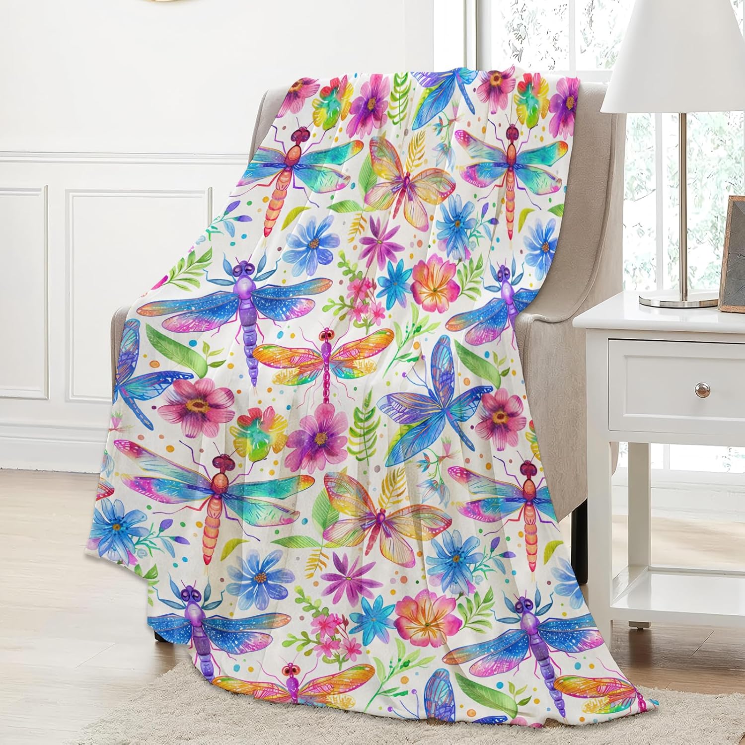 Colorful Dragonfly and Butterfly Throw Blanket Gifts for Women, Soft Fuzzy Warm Cozy Flannel Blankets for Bedroom, Travel, Couch, Home Decor 60x80 in