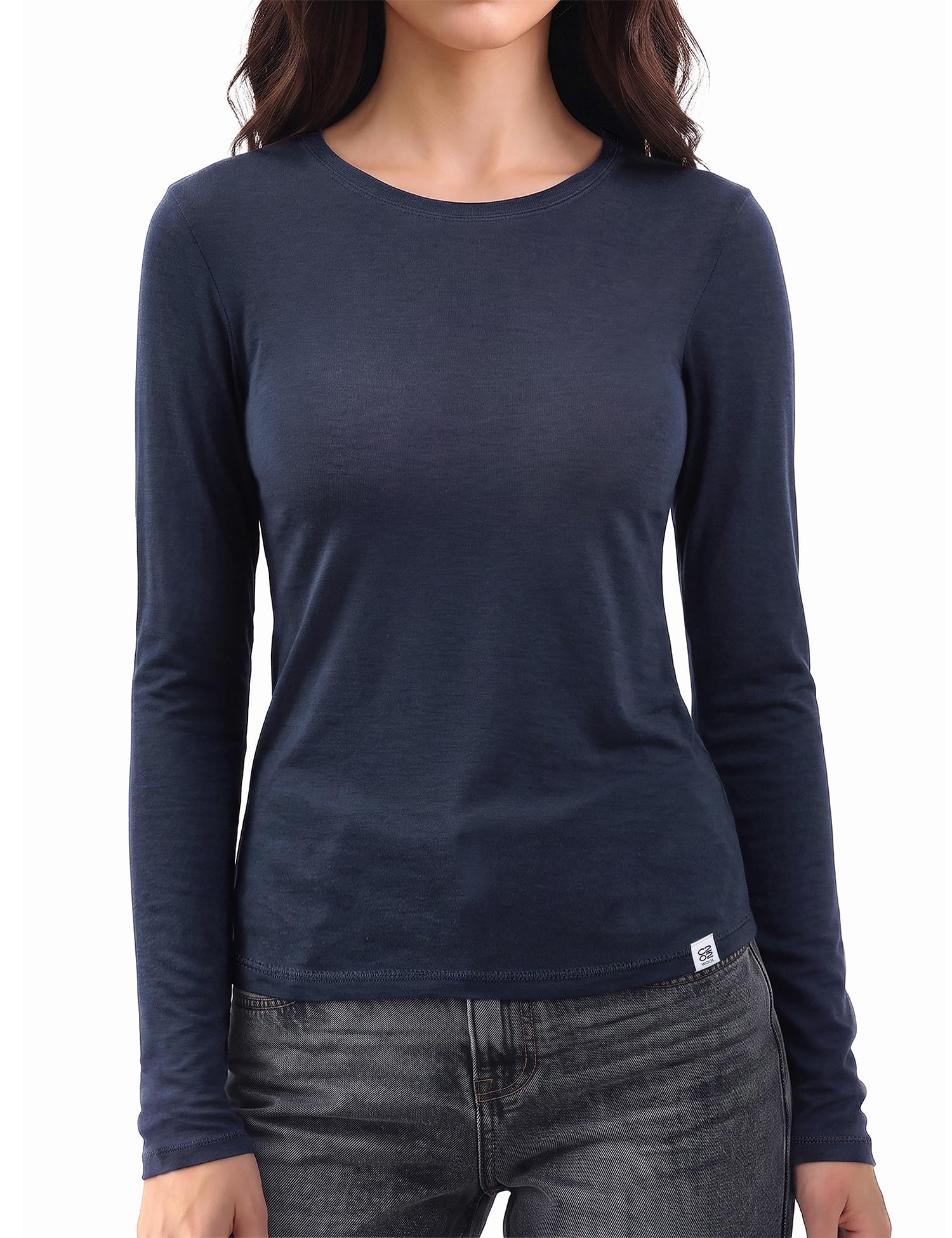 C202 Long Sleeve Shirts for Women Merino Wool Tops, Navy Blue, Large