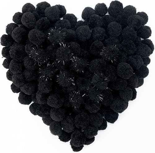 Pllieay 160 pompones con bolas brillantes para decoraciones de Pascua, pompones negros de 1 pulgada para manualidades, decoración del hogar del día