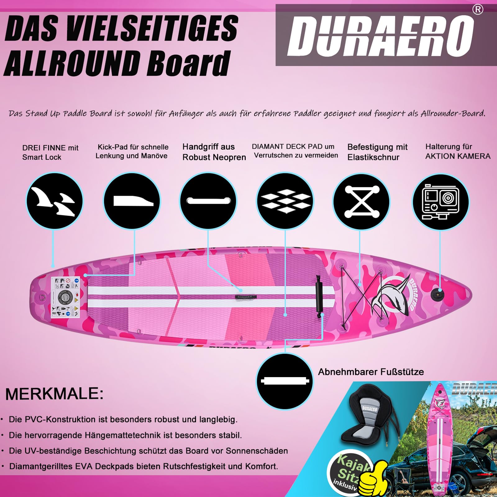 Stand up Paddle Gonflable Planches gonflables, siège Kayak,330 x 76 x 15 cm, jusqu'à 150 kg, Support GO-Pro,Pad intégré, 3 Ailes, Double pagaie réglable, Accessoires complets, Pink