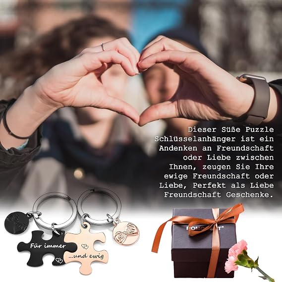 Puzzle Couple Keyring with Engraving Forever and Ever Little Finger Promise Pendant 2 Pieces Stainless Steel Partner Love Friendship Keychain Relationship Gift