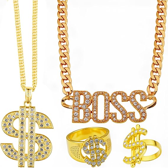KingYH Set Accessori Rapper Hip Hop Anni 80/90 - 4 Pezzi: Collane Con Simbolo Dollaro E BOSS + 2 Anelli, Costume Per Feste A Tema, Carnevale, Discoteca - 4
