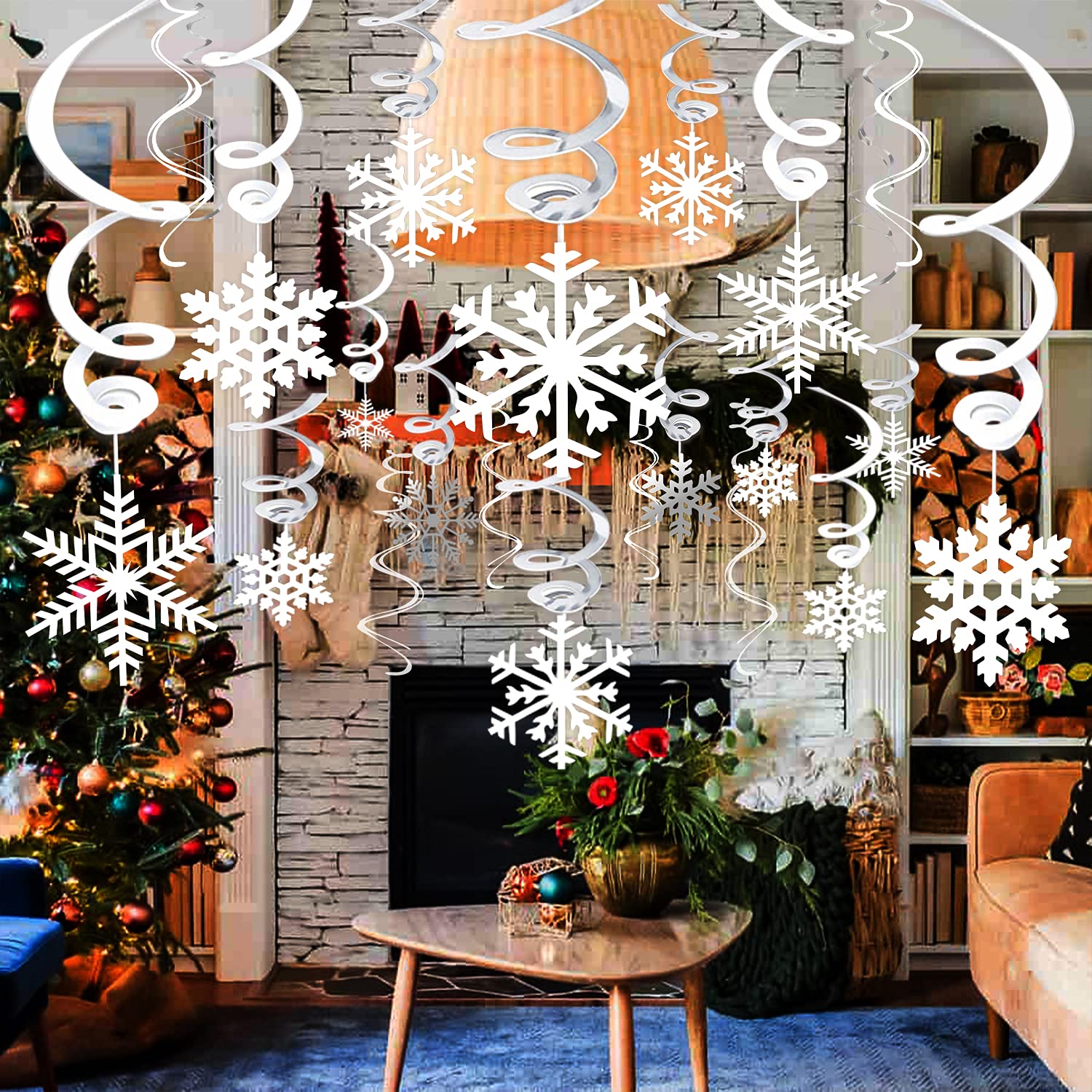 40 Weihnachten Winter Girlande Schneeflocken, Hängende Spiralen Wirbel Deko Luftschlangen Party Dekorationen Folienspiralen Zum Aufhängen Deckenhänger Spiral Girlanden Hanging Swirls