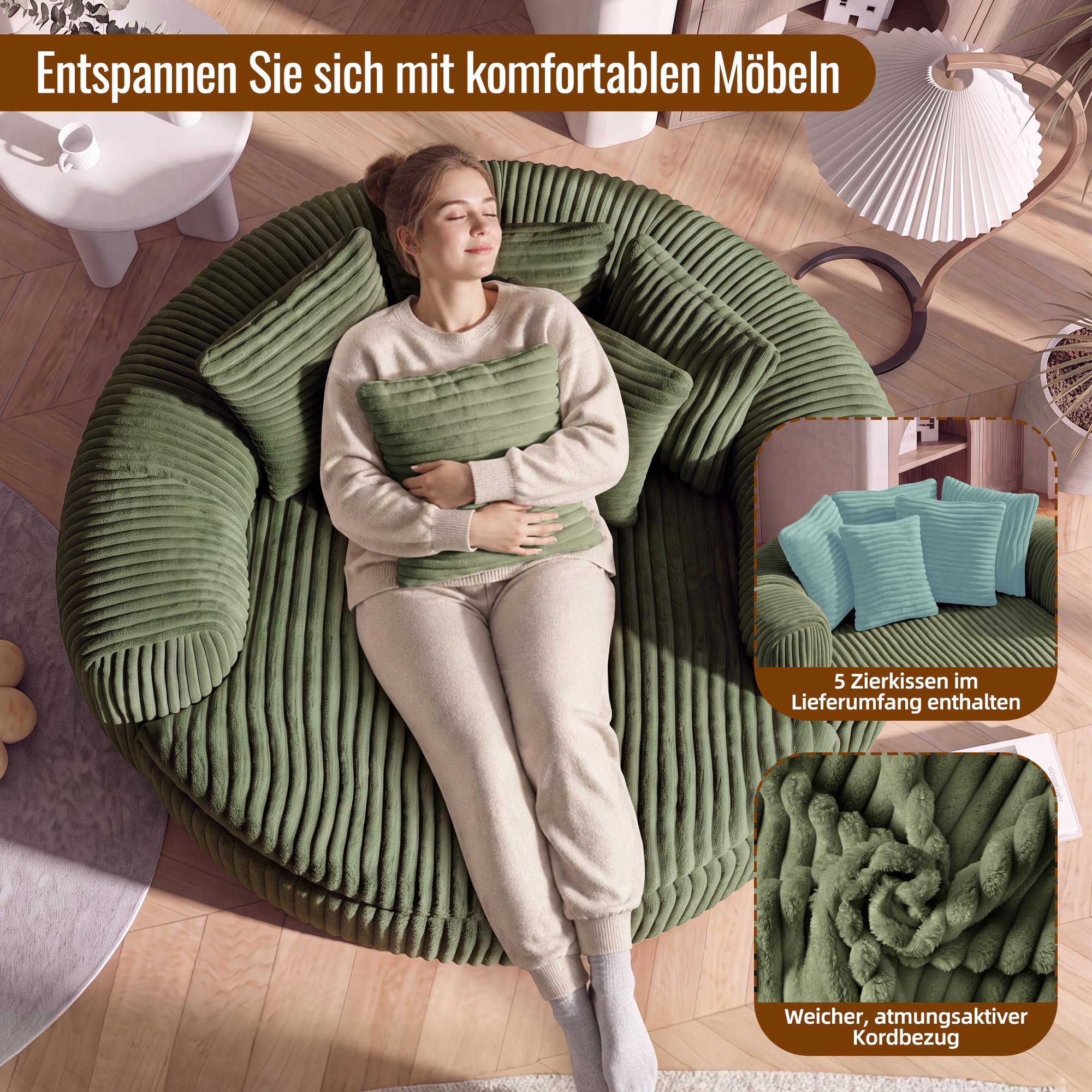 Cord-Sitzsack, mit gepolstertem tiefem Sitz, Loungesessel für Erwachsene