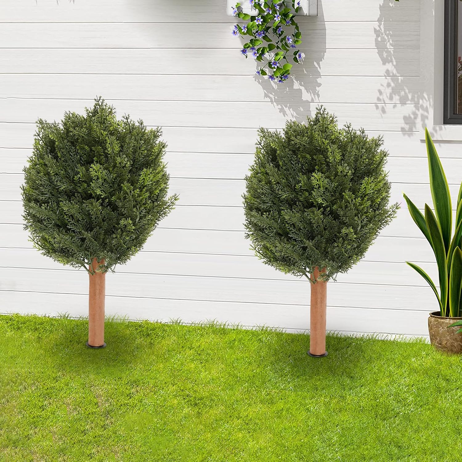 2 Pcs Artificial Cypress Trees, Artificial Plants for Outdoor with Ground Spike Decorative Faux Outdoor Plants Fake Topiary Trees Greenery Shrub Bushes for Porch Courtyards Balconies (Style 3)