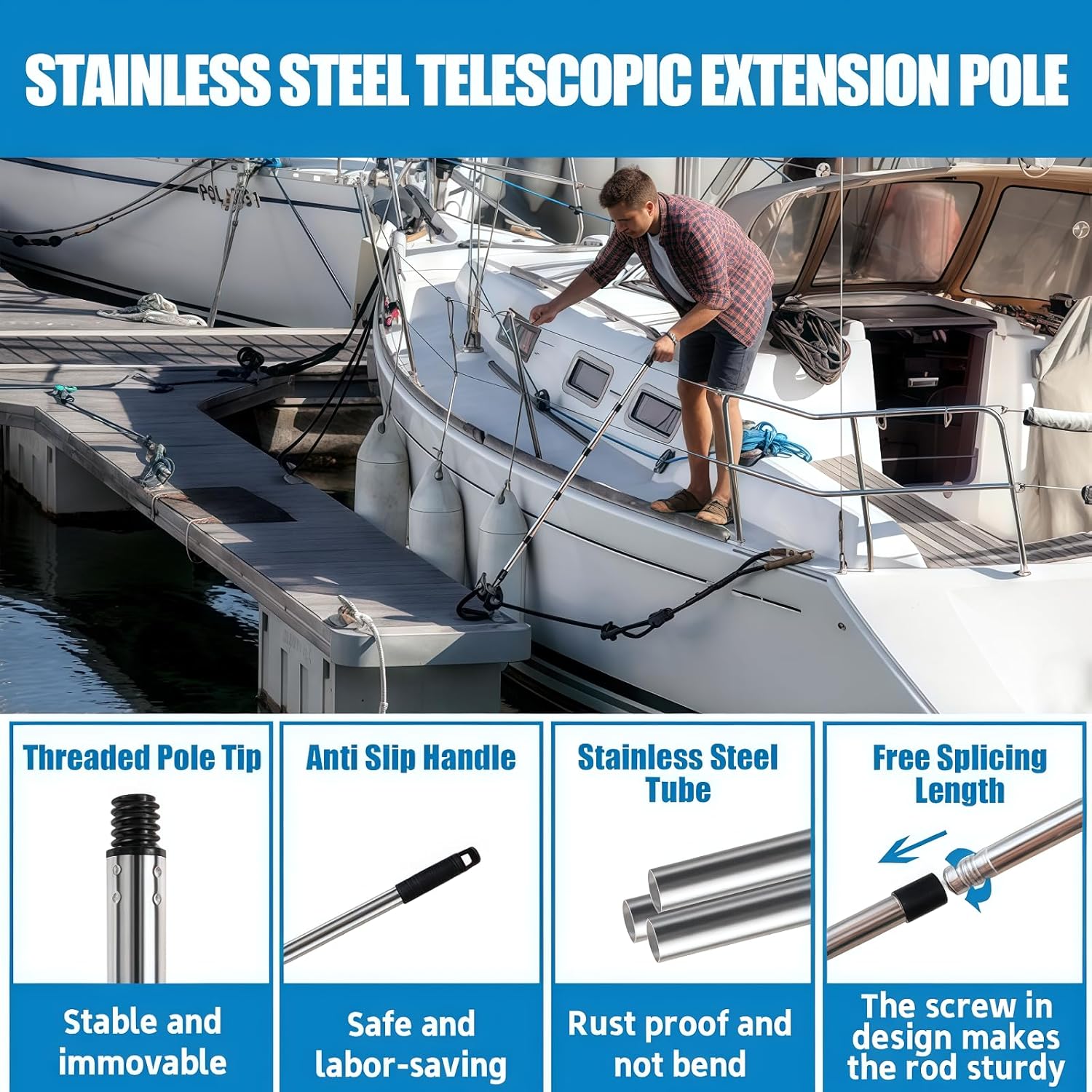 Boat Hook with 3-12Ft Adjustable Extension Pole, Push Pole for Boat, Stainless Steel Boat Accessories with Protective Rubber, Threaded End Poles Splicing Rod Kit for Docking, Push-Pull and Boating