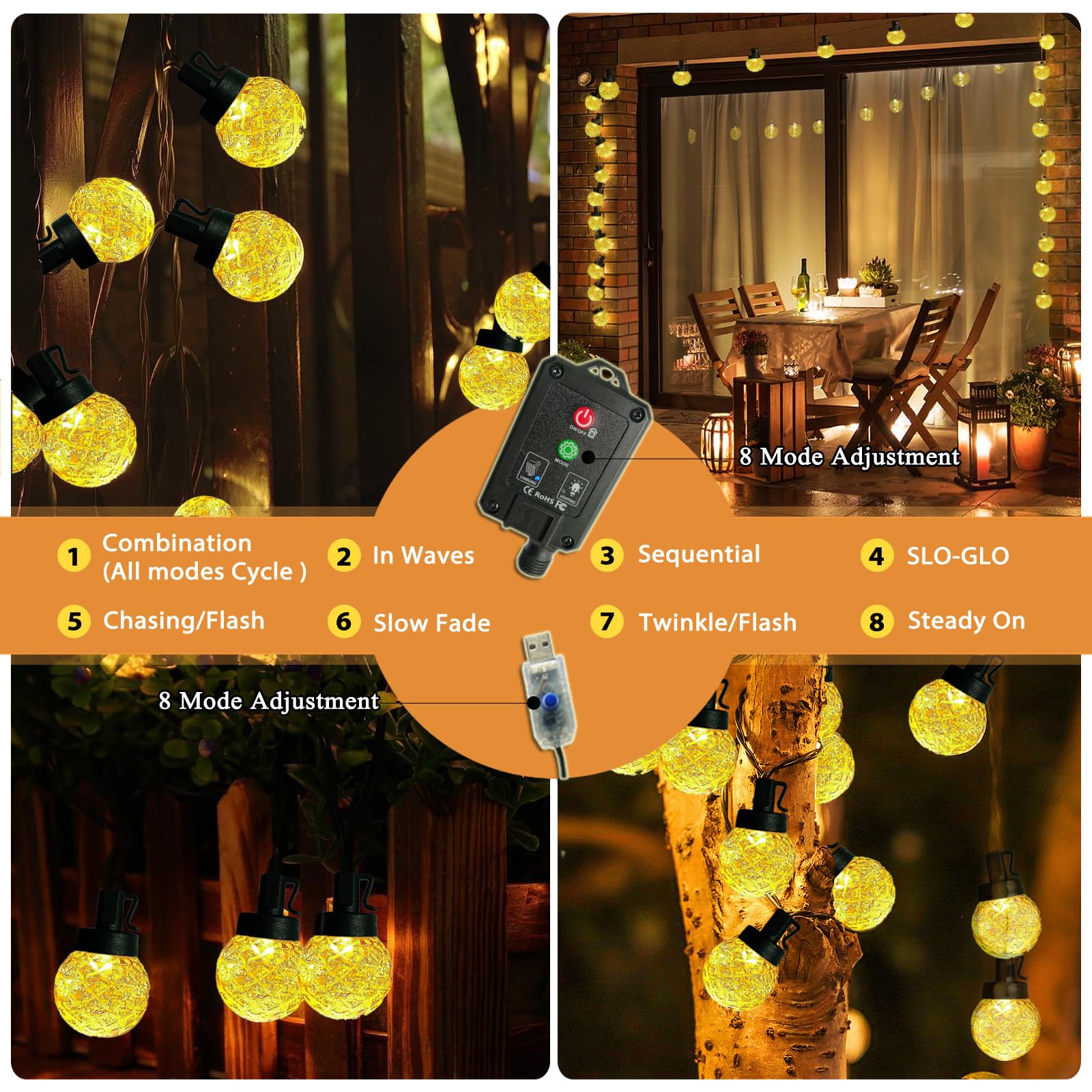 Stringa di luci solari per esterni, 10 m, 8 modalità, globo di cristallo, spina USB, luci natalizie per esterni, recinzioni, patio, cortile, feste, albero, decorazione per interni ed esterni