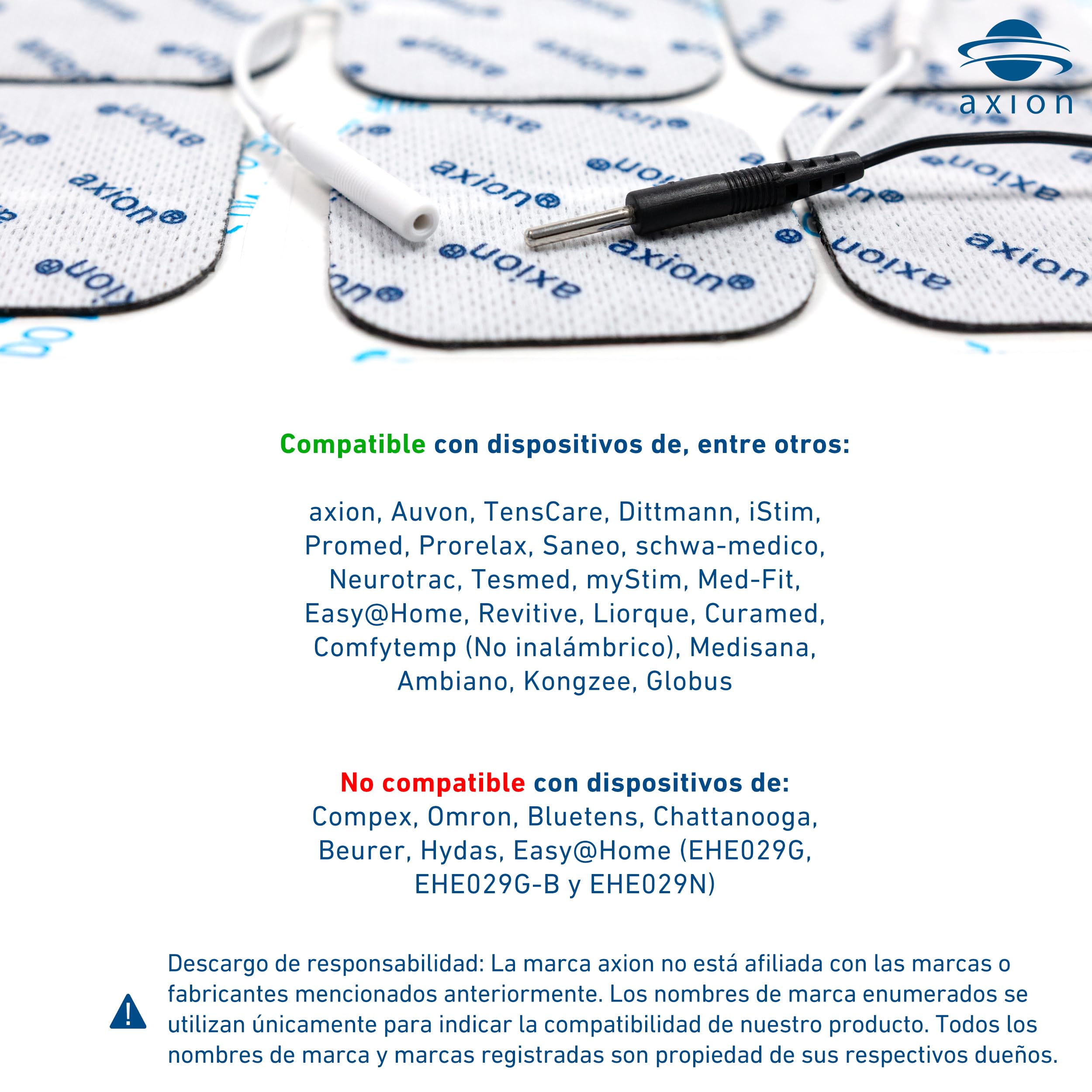 52 electrodos de recambio axion® | Parches de 4x4 cm para electroestimulador TENS EMS | Reusables y autoadhesivos | Conector pin de 2 mm