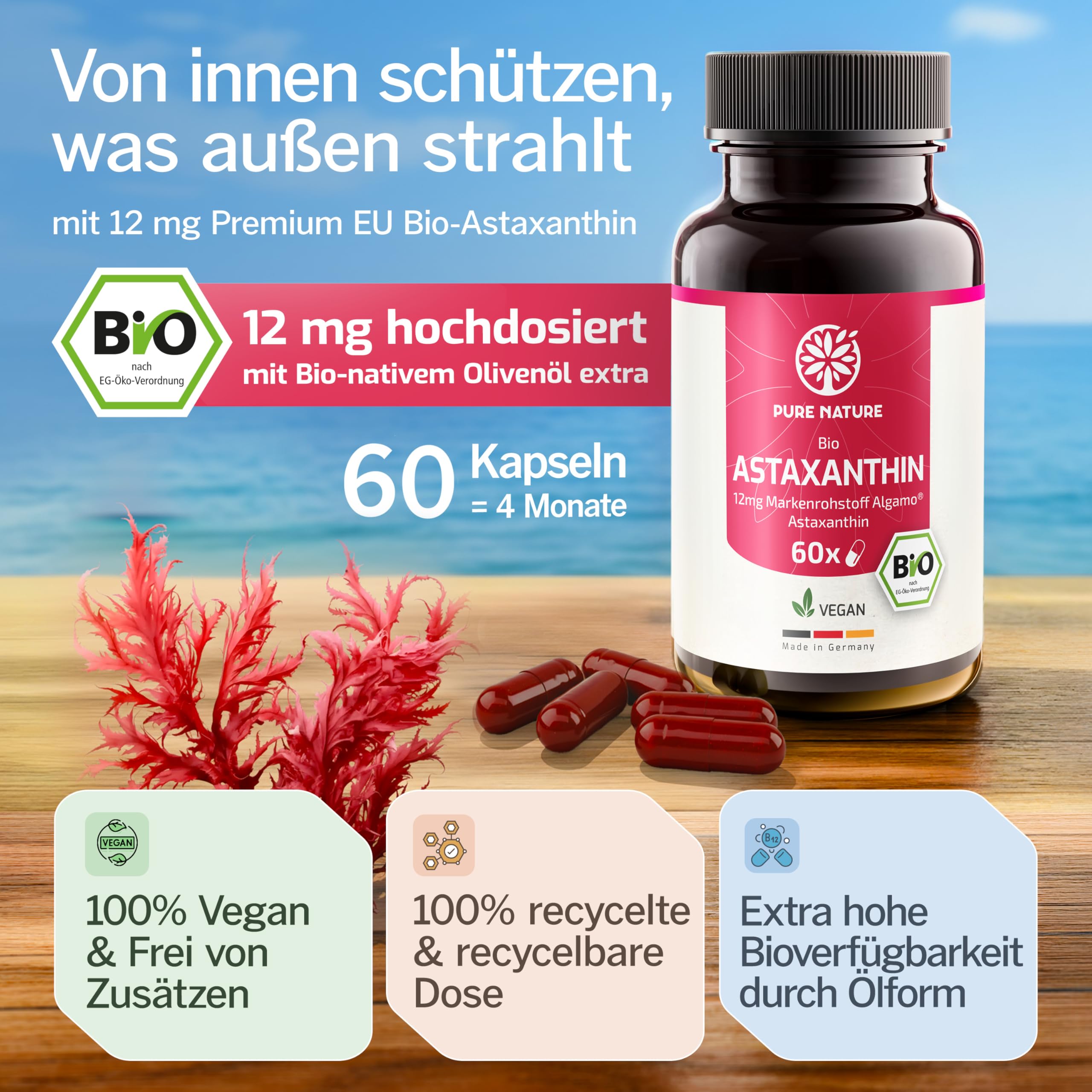 Pure Nature Astaxanthin hochdosiert BIO 12mg - 60 vegane Kapseln EU-BIO zertifiziert & laborgeprüft - Premium Rohstoff - mit Bio-Olivenöl – Astaxanthin hochdosiert - Astaxantin