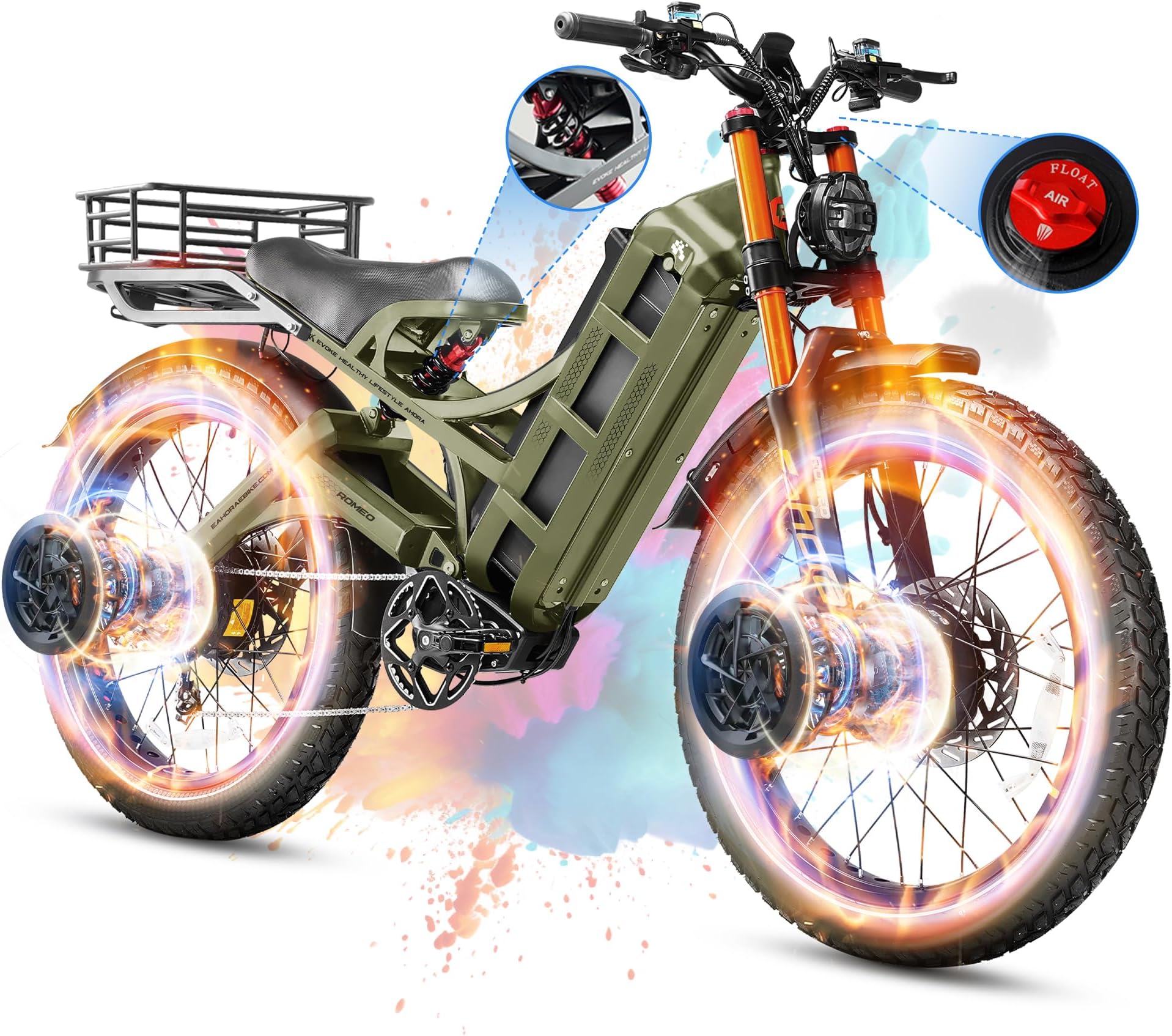 eAhora 2026 Romeo Pro 3/2 50-46Mph Electric Bike for Adults 5600W/4000W/2500W Dual Motor Ebike 60V/80Ah 52V/70Ah Long Range Fat Tire Full Suspension Electric Mountain Bicycle